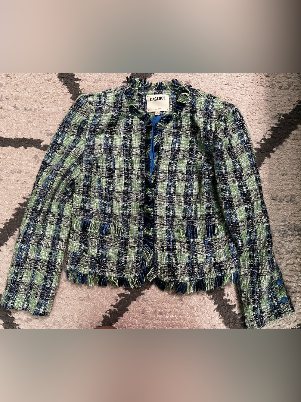 L'AGENCE Angelina Blue and Green Tweed Fringe Jacket